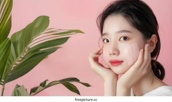 Beautiful Asian Woman Applying Facial Cream With Green Plant In Background