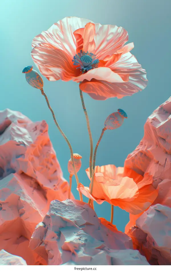 Pink poppies in bloom with large rocks in the background