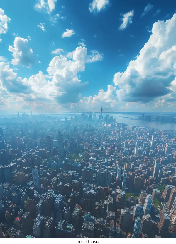 New York City Skyline with Clouds and Busy Streets