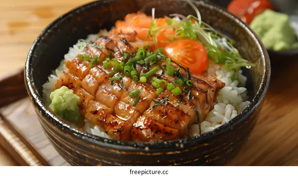 Unagi donburi with green onion and tomatoes