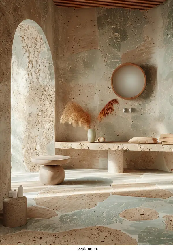 Bathroom vanity with round mirror and pampas grass in vase on bench
