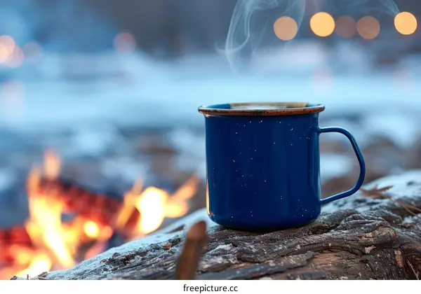 Blue enamel mug with hot drink on a snowy log near the fire