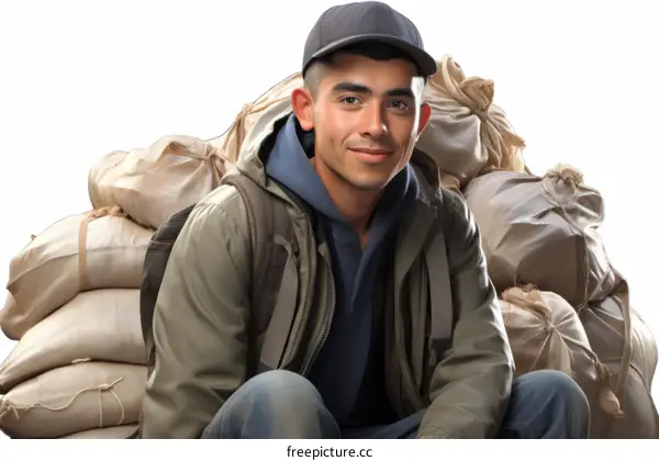 Young Migrant Worker Sits on a Pile of Sandbags