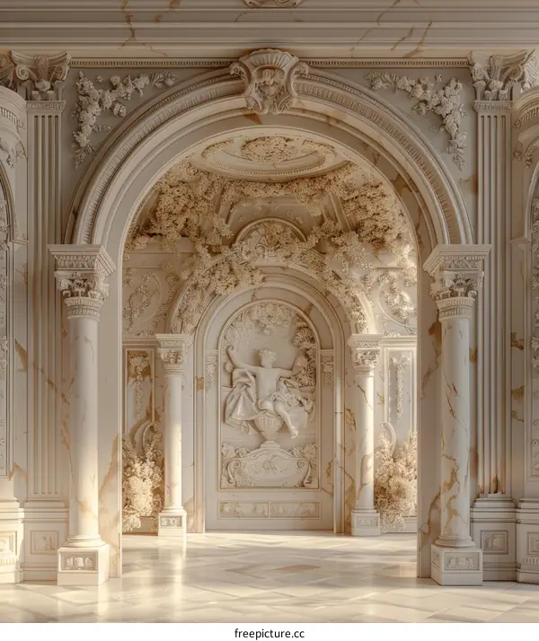 Ornate Corridor with Marble Columns and Sculptures