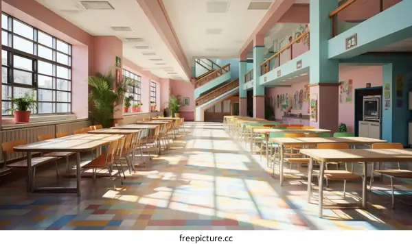 Retro School Cafeteria with Pink Walls and Blue Accents