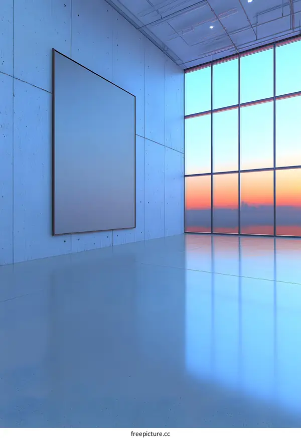 Empty Gallery Room with Large Window View of Sunset
