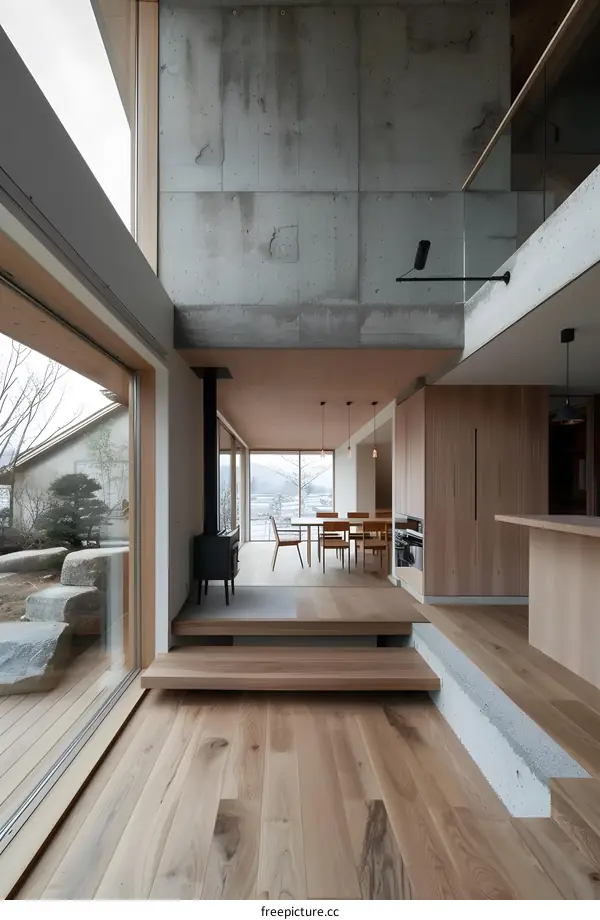 Modern Japanese House Interior with Concrete Wall and Wood Floor