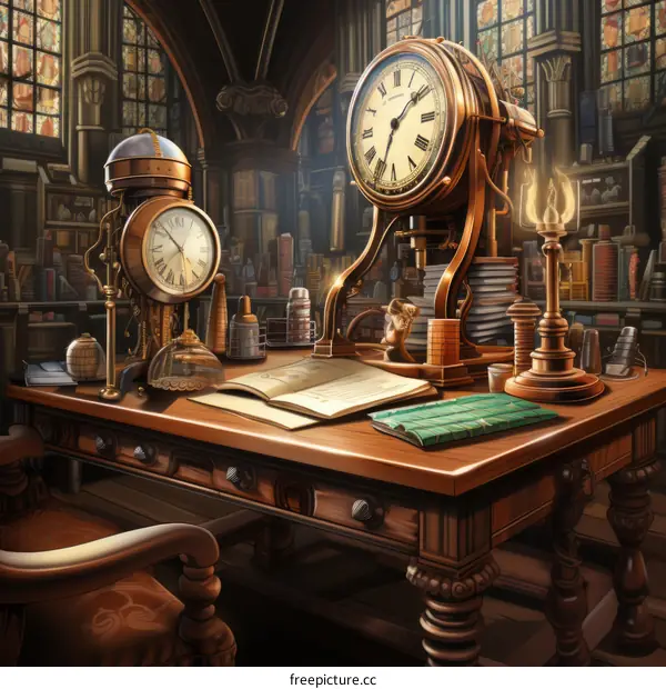A desk with a clock and books