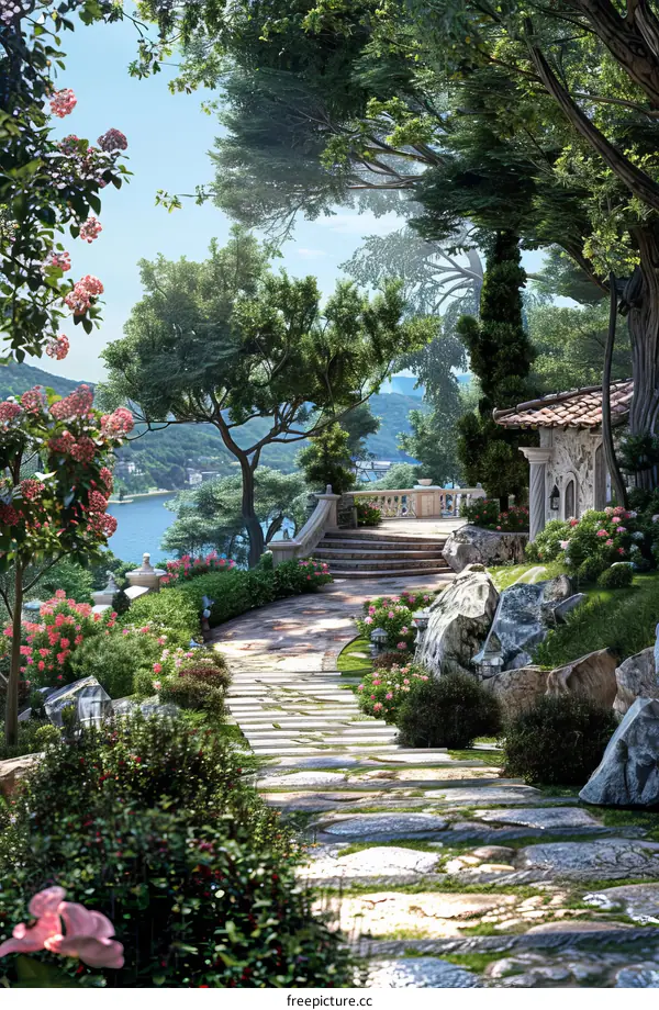 Stone Pathway in a Luxurious Villa Garden with Lake Panorama