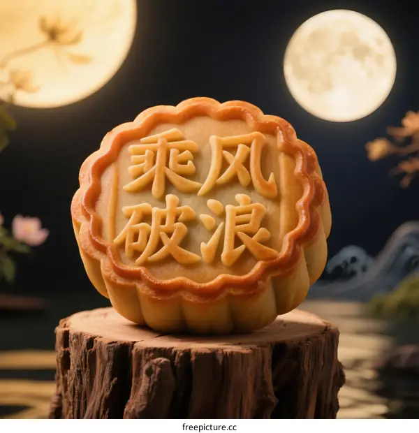 Mooncake with Chinese characters 'surge ahead' under the moonlight