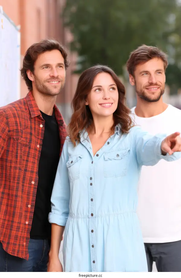 Three People Outdoors Looking Up and Pointing