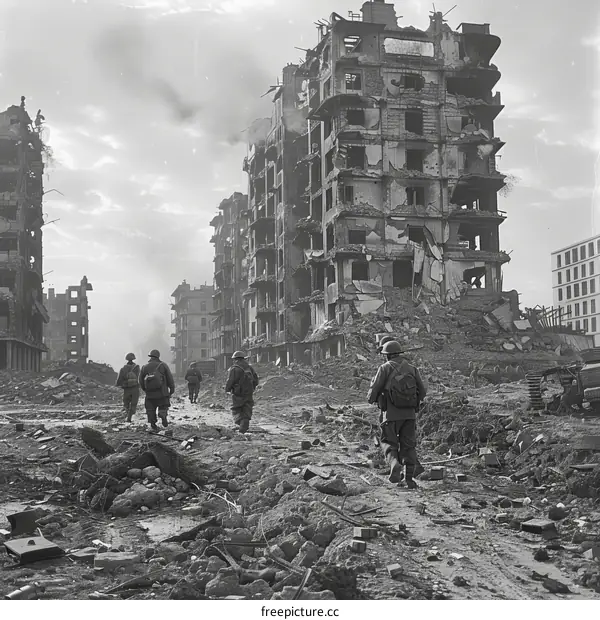 American soldiers walking through the destroyed city of Berlin, Germany, 1945