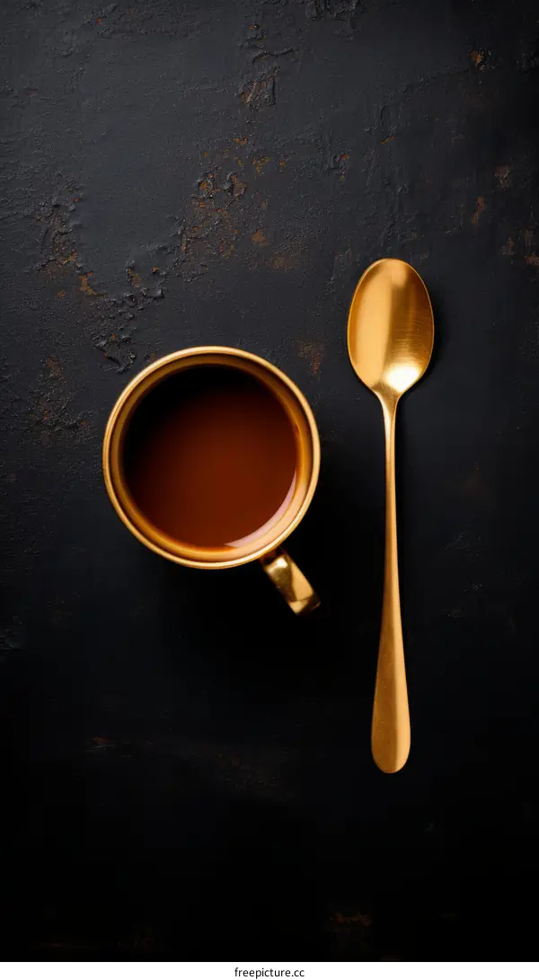 Coffee cup and spoon on dark background