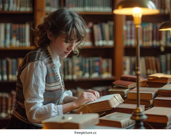 A young woman wearing glasses is reading a book in a library.