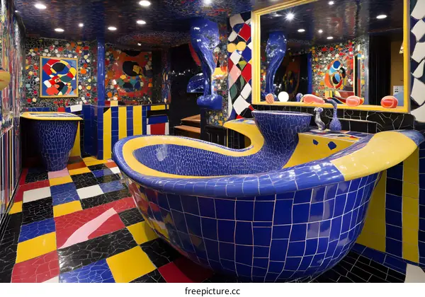 Blue and Yellow Bathroom with Unique Design