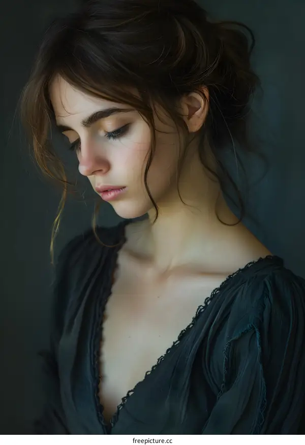 portrait of a beautiful young woman with long brown hair wearing a black dress