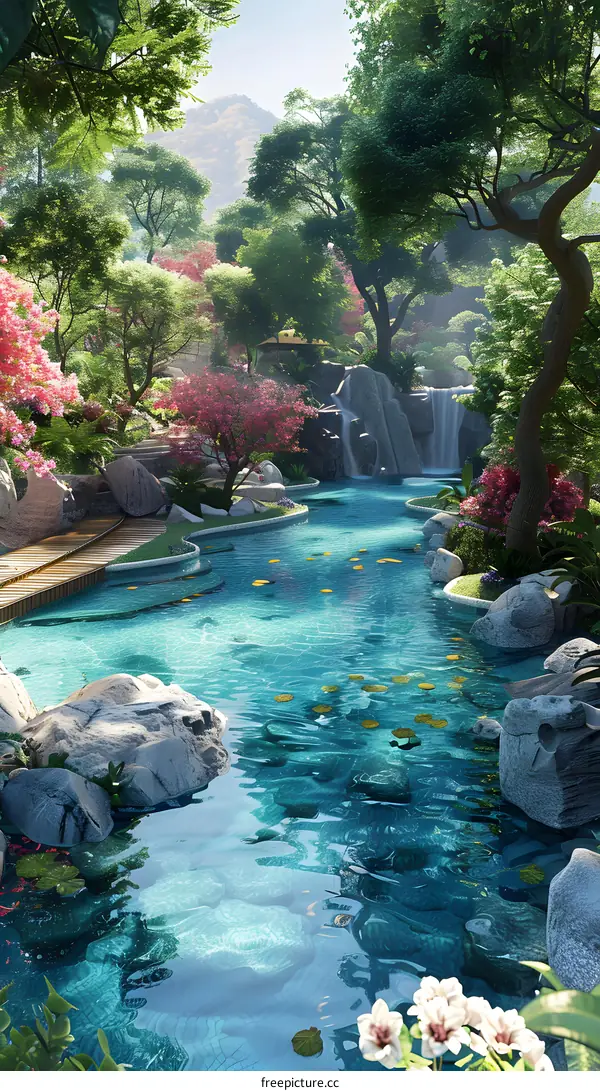 A beautiful landscape of a garden with a river, trees, and flowers.