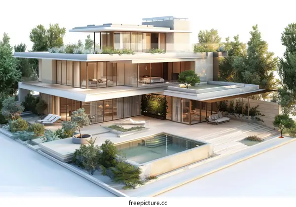 Expansive Modern Luxury Villa Courtyard with Swimming Pool