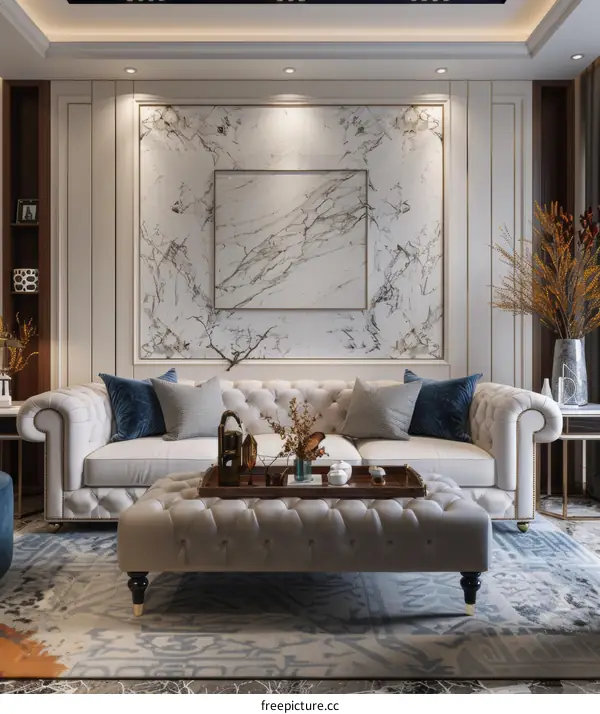 A luxurious living room with a marble wall and a white leather sofa