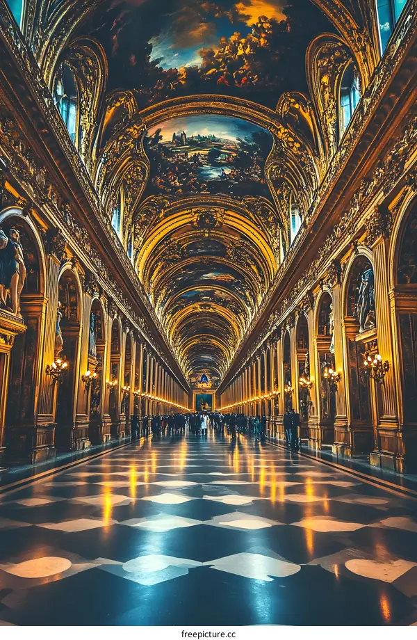Golden Hallway with Ornate Ceiling and People Walking Through