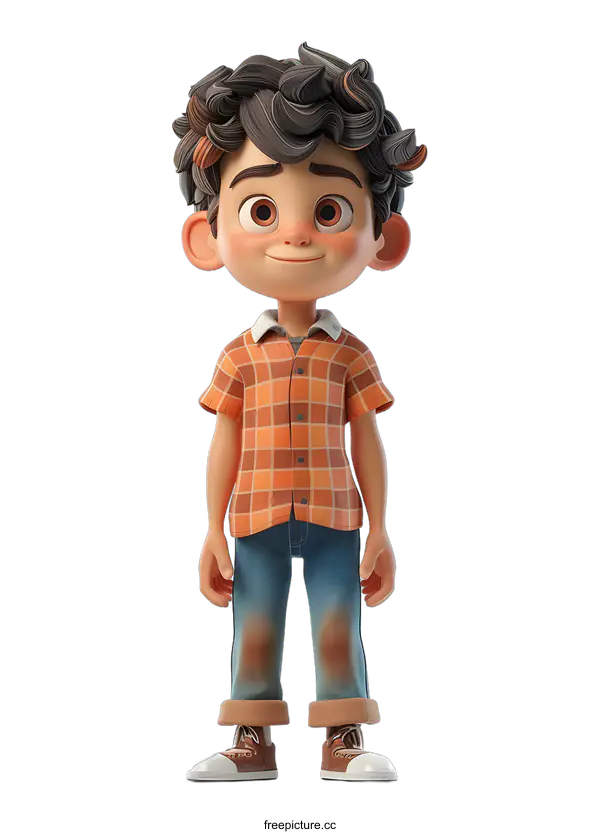[Transparent Background PNG]Smiling Cartoon Boy Wearing Plaid Shirt and Jeans