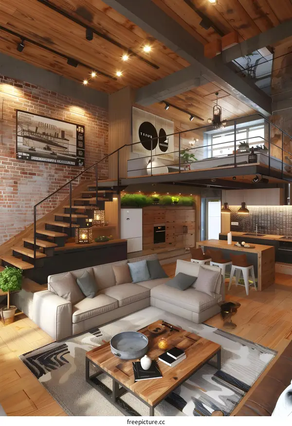 Modern Loft Apartment with Wooden Beams and Brick Wall