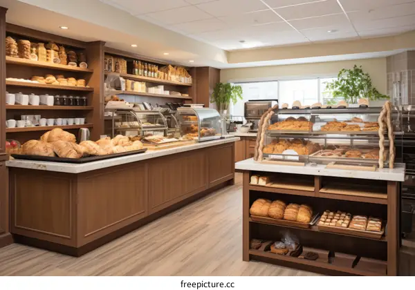 Pastries and breads displayed on bakery shelves