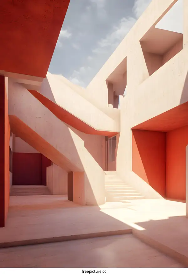 Minimalist Architecture Design with Red and Beige Concrete