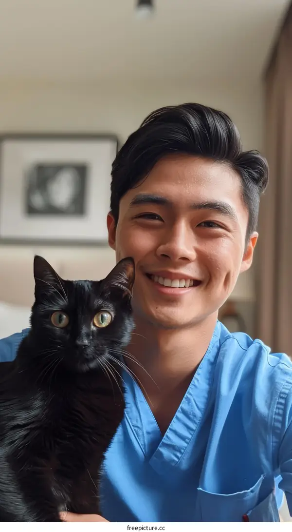 Portrait of a young Asian male veterinarian smiling with a black cat
