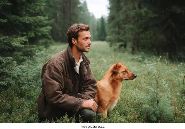 Man and Dog in a Forest Setting