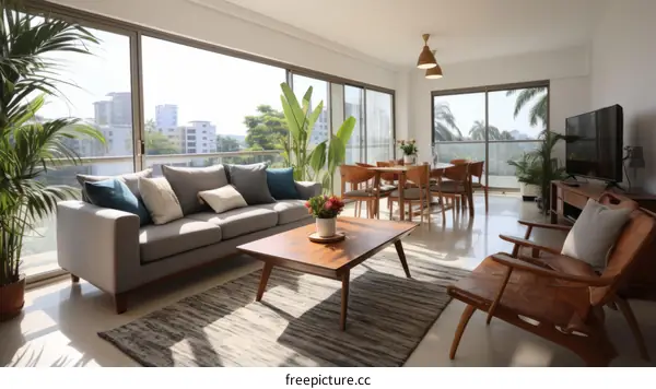 Modern living room interior with large windows, sofa, dining table and chairs