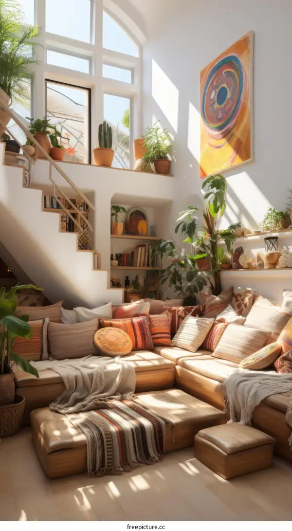 Cozy Living Room with Large Sofa, Pillows, Plants, and Artwork