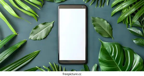Smartphone with Tropical Green Leaves Mockup