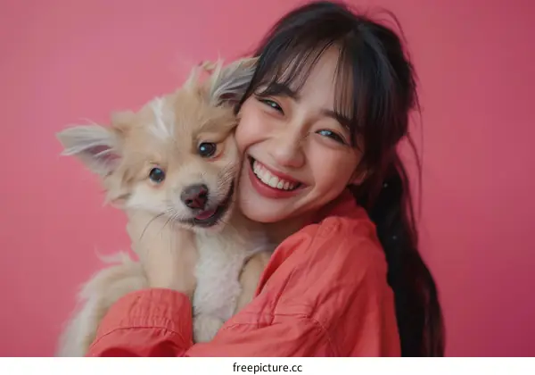 Asian woman hugging a dog