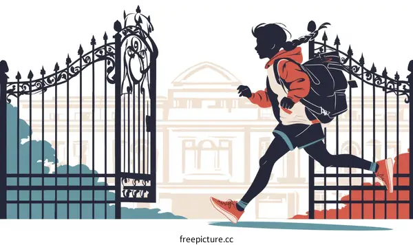 A young girl runs through an open gate