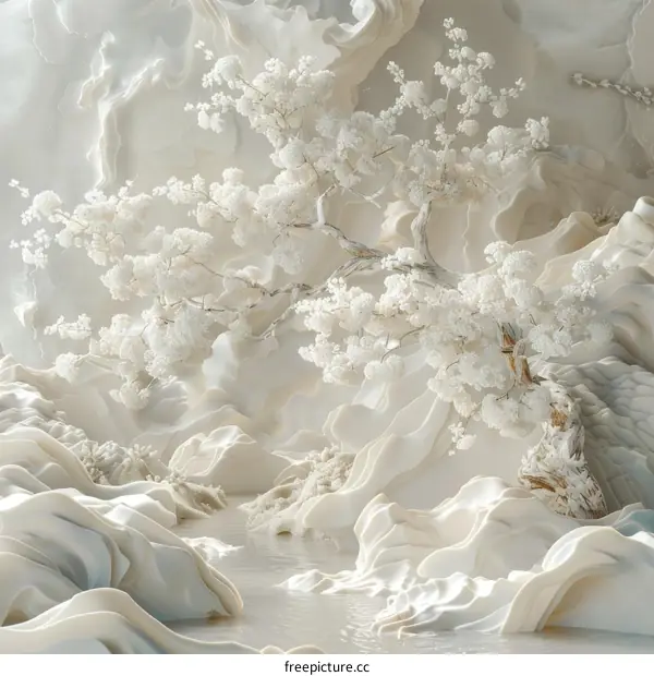 Elegant White Mountain Landscape with Blossoming Trees