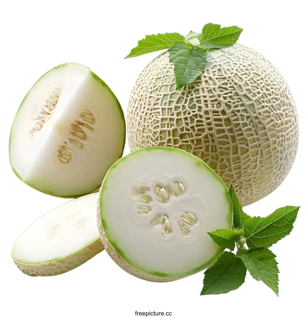 [Transparent Background PNG]Fresh honeydew melon with slices and leaves