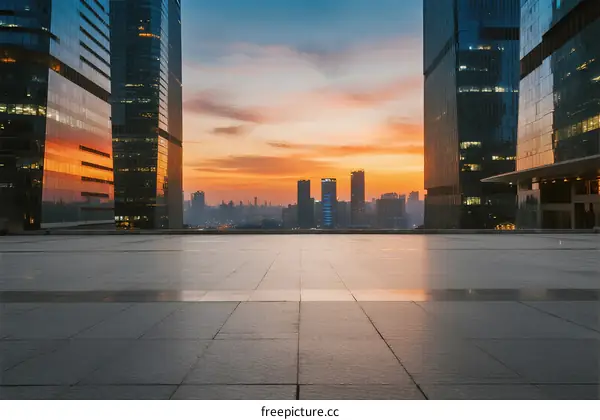 City skyline at sunset with modern buildings in the foreground