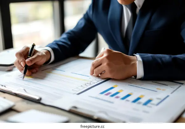 Businessman analyzing financial report and making notes