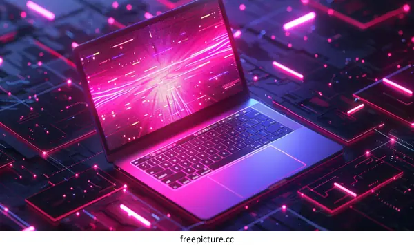 Laptop on a circuit board with glowing pink neon lights