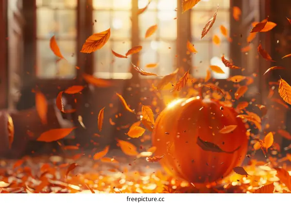 Orange pumpkin and flying autumn leaves