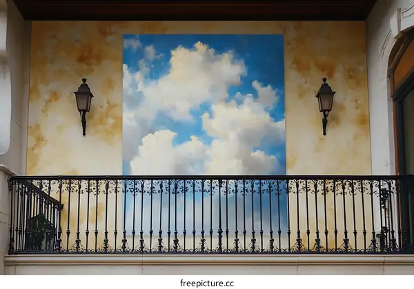 Painted Sky Mural on Building with Black Railing