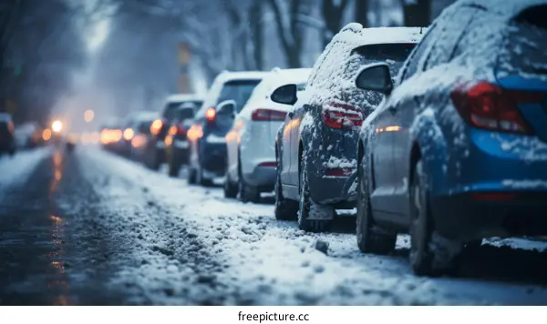 Snowy cars parked on a snowy street