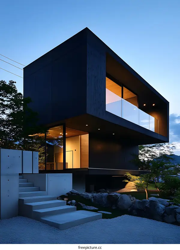 Modern Black House with Glass Balcony and Stone Garden