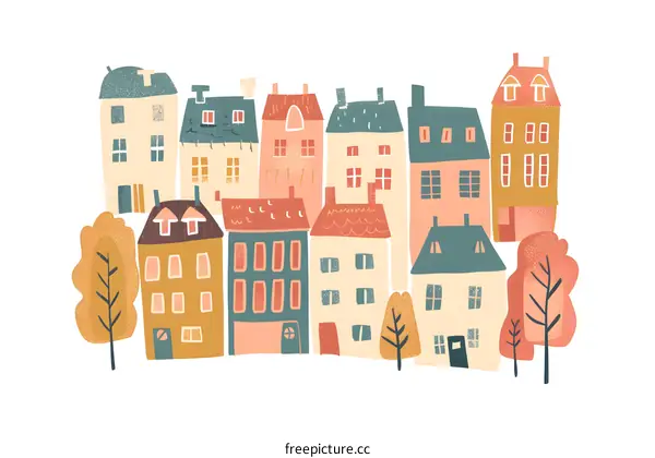 Cute Hand Drawn Cartoon Colorful Cityscape Illustration