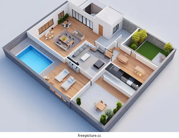 Modern House Floor Plan with Swimming Pool and Backyard