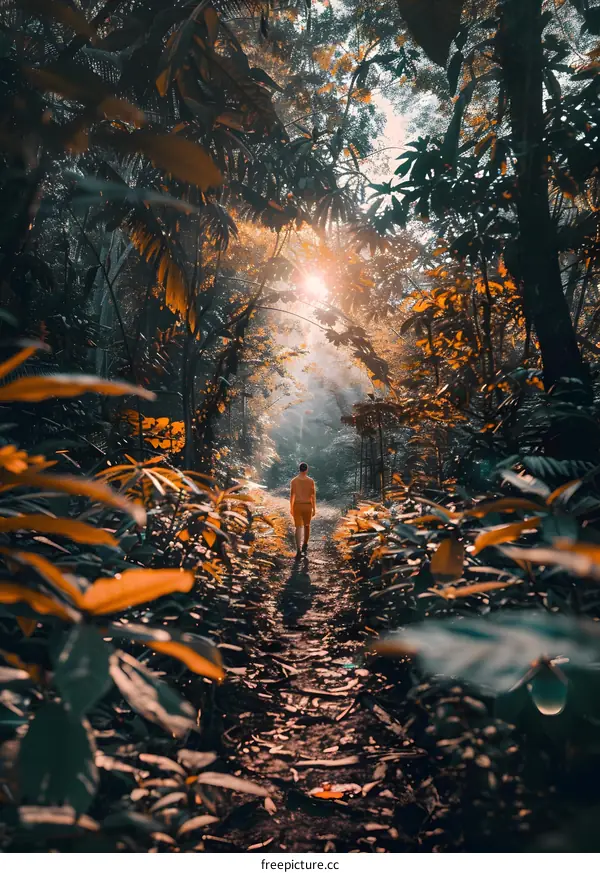 Man Walking Through Lush Green Forest Path