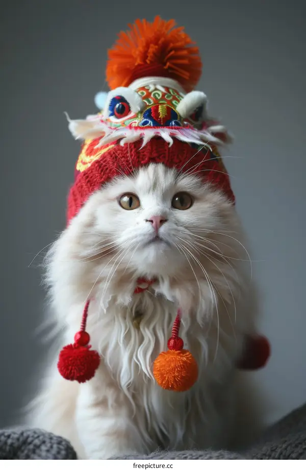 A cat wearing a red and gold lion hat looks directly at the camera