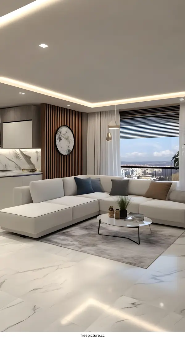 Modern Living Room Interior Design with White Sofa and Marble Floor