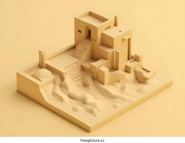 Minimalist 3D Illustration of a Desert House with Stairs
